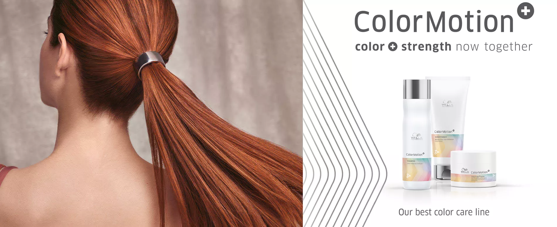 Femme aux cheveux roux attachés en queue de cheval, à côté de la nouvelle gamme de produits ColorMotion+