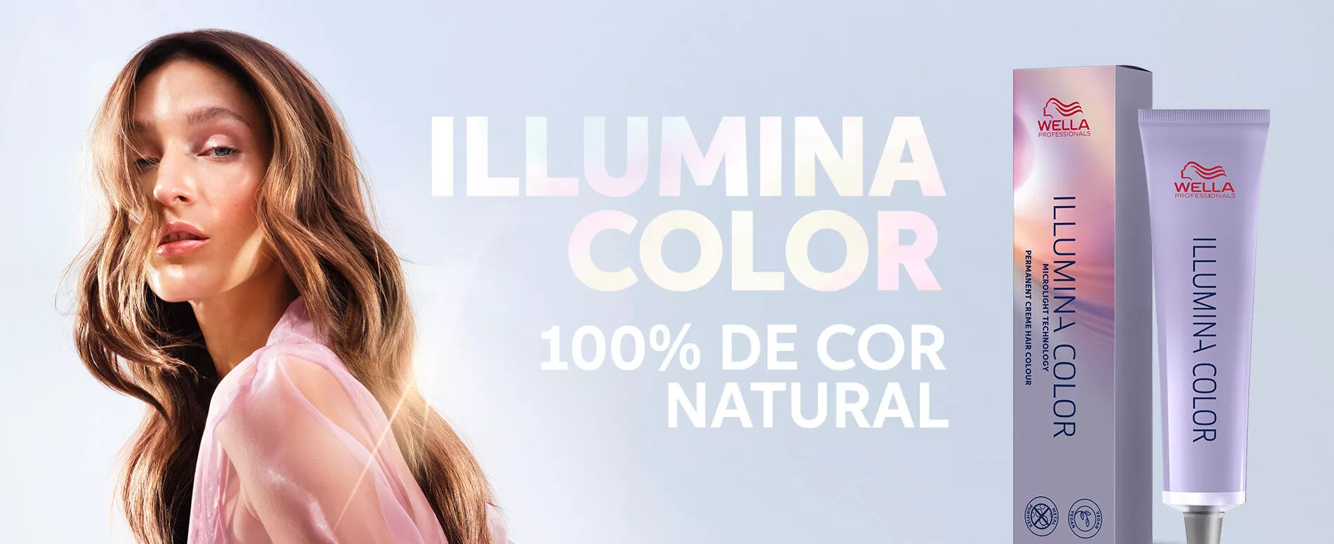 Uma modelo com cabelo castanho claro ondulado ao lado de imagens do produto para o cabelo 100% natural Illumina Color da Wella Professionals