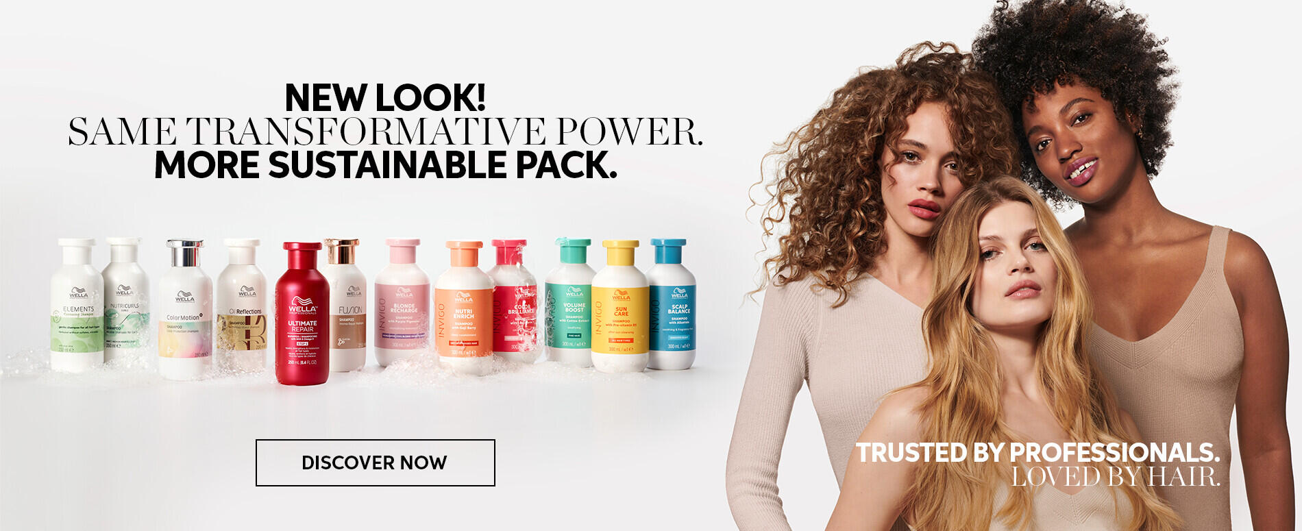 Line up of the full Wella Professionals haircare line alongside three models with different hair types