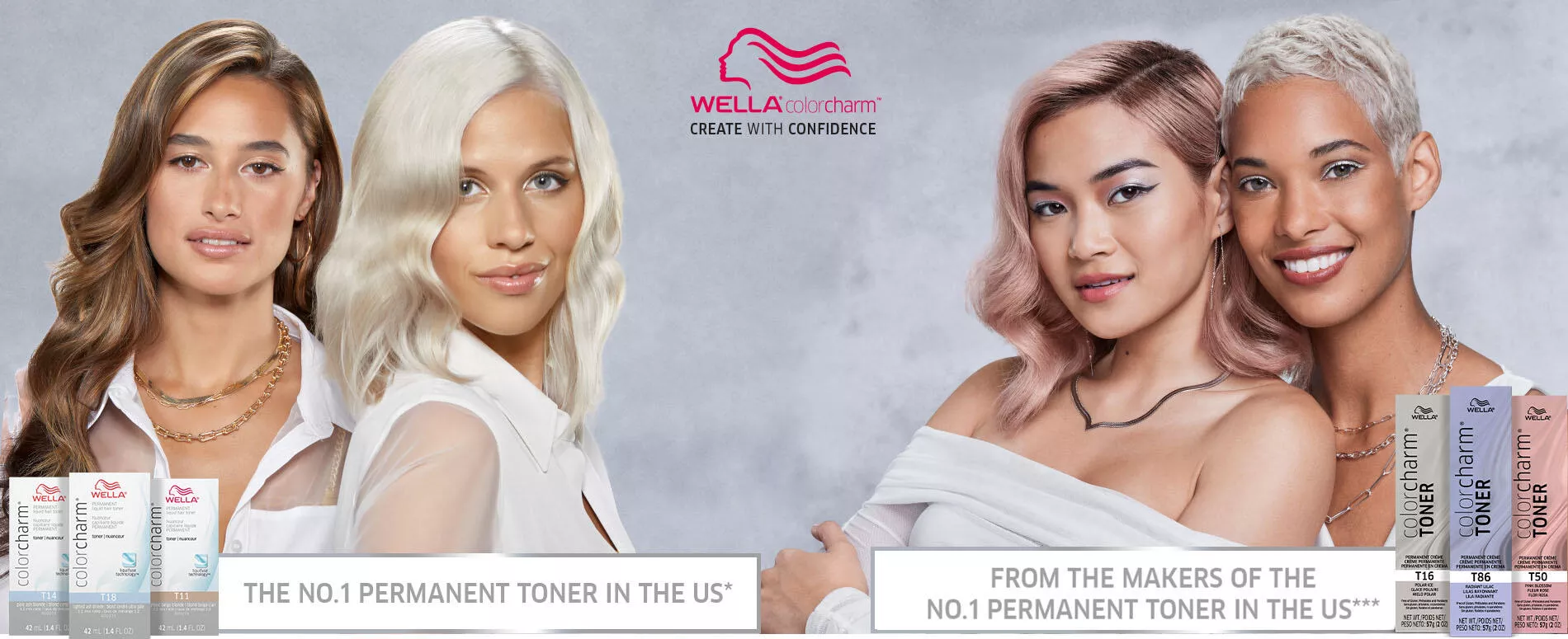 young women posing with wella colorcharm crème toner and liquid toner products