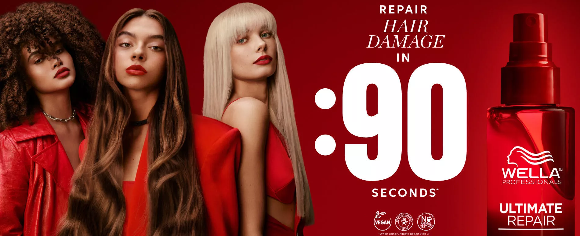 A close-up of Wella Professionals' Ultimate Repair product next to a blonde and two brunette models all dressed in red