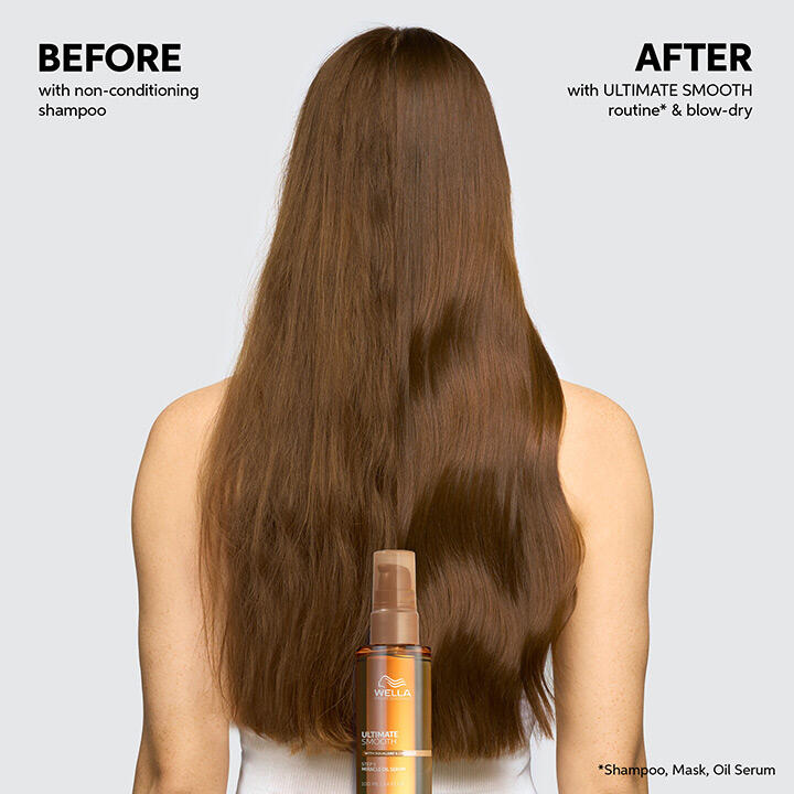 Before and after of brunette hair that's been treated with Wella Ultimate Smooth Miracle Oil Serum.
