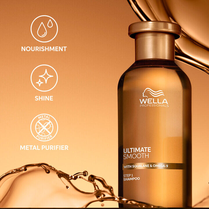 Golden bottle of Wella Ultimate Smooth Shampoo