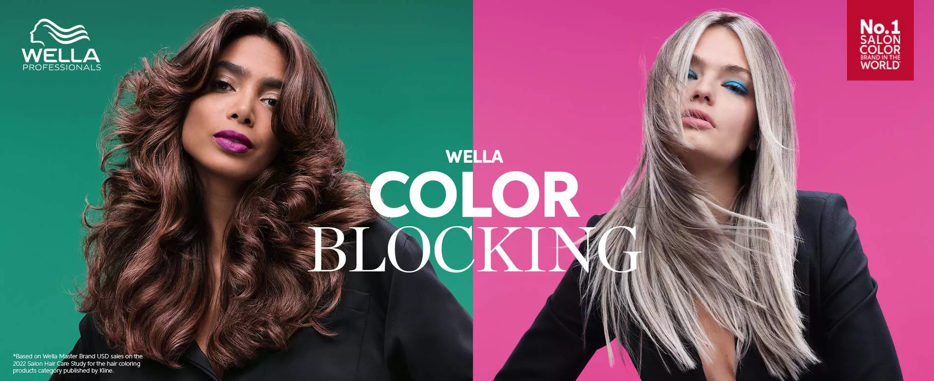 Una modelo morena sobre un fondo verde y una modelo rubia sobre un fondo rosa, para representar el Color Blocking de Wella
