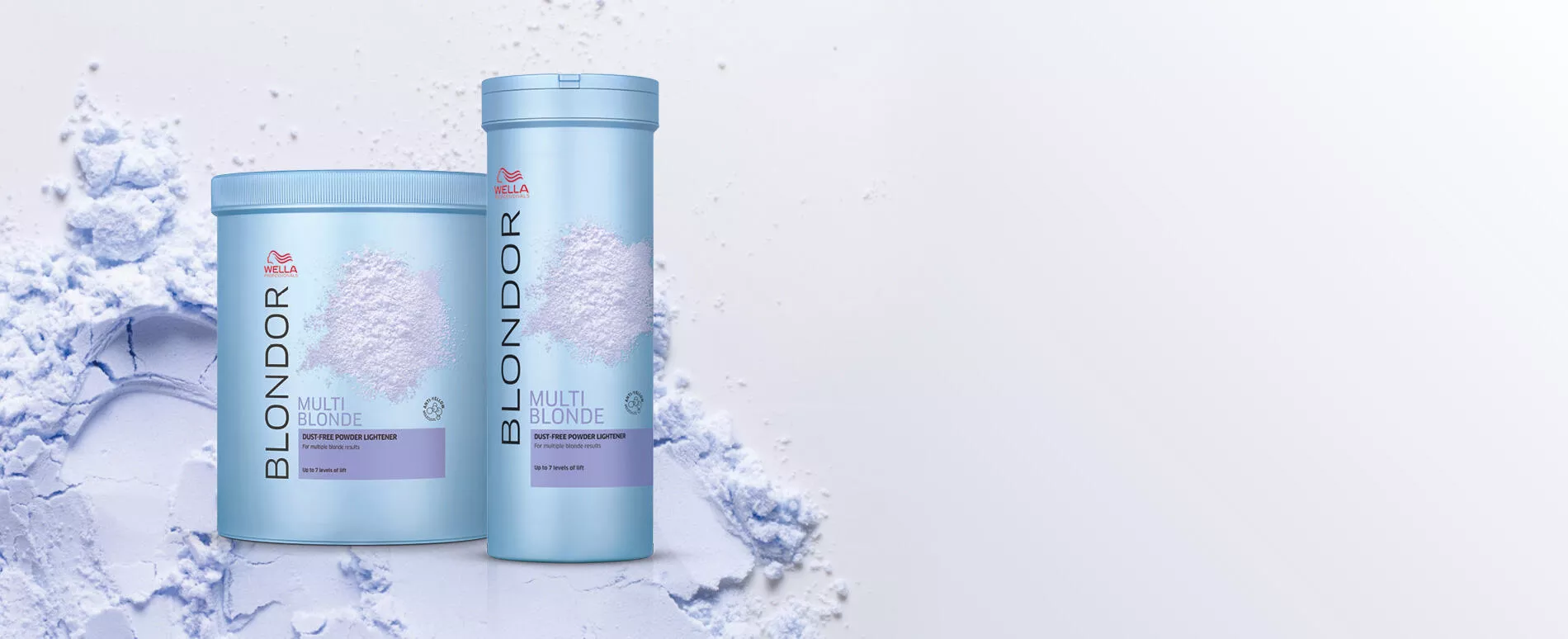 Range of Wella Professionals Blondor products, with white powder sprinkled in the background