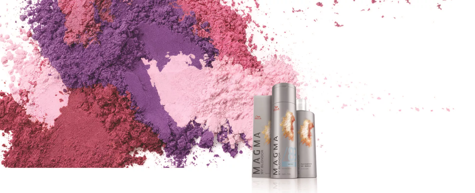 Range of Wella Professionals Magma Products with purple, pink and hot pink powders sprinkled in the background