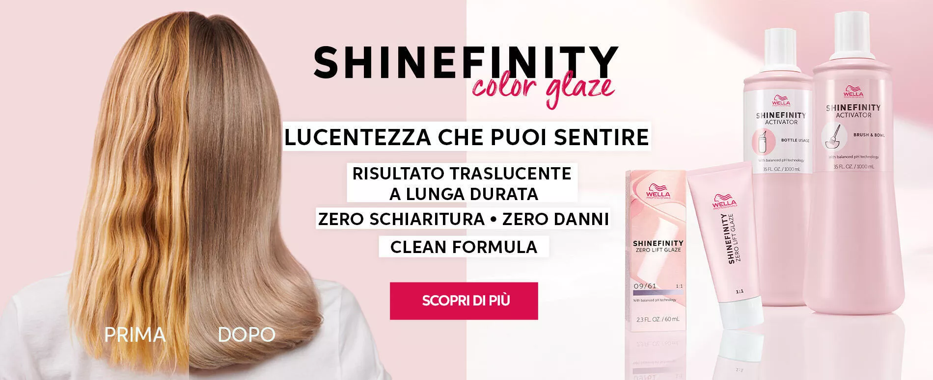 Un prima e dopo dei capelli di una donna che mostra capelli luminosi e migliorati dopo l'uso di Shinefinity Zero Lift Hair Glaze di Wella Professionals.