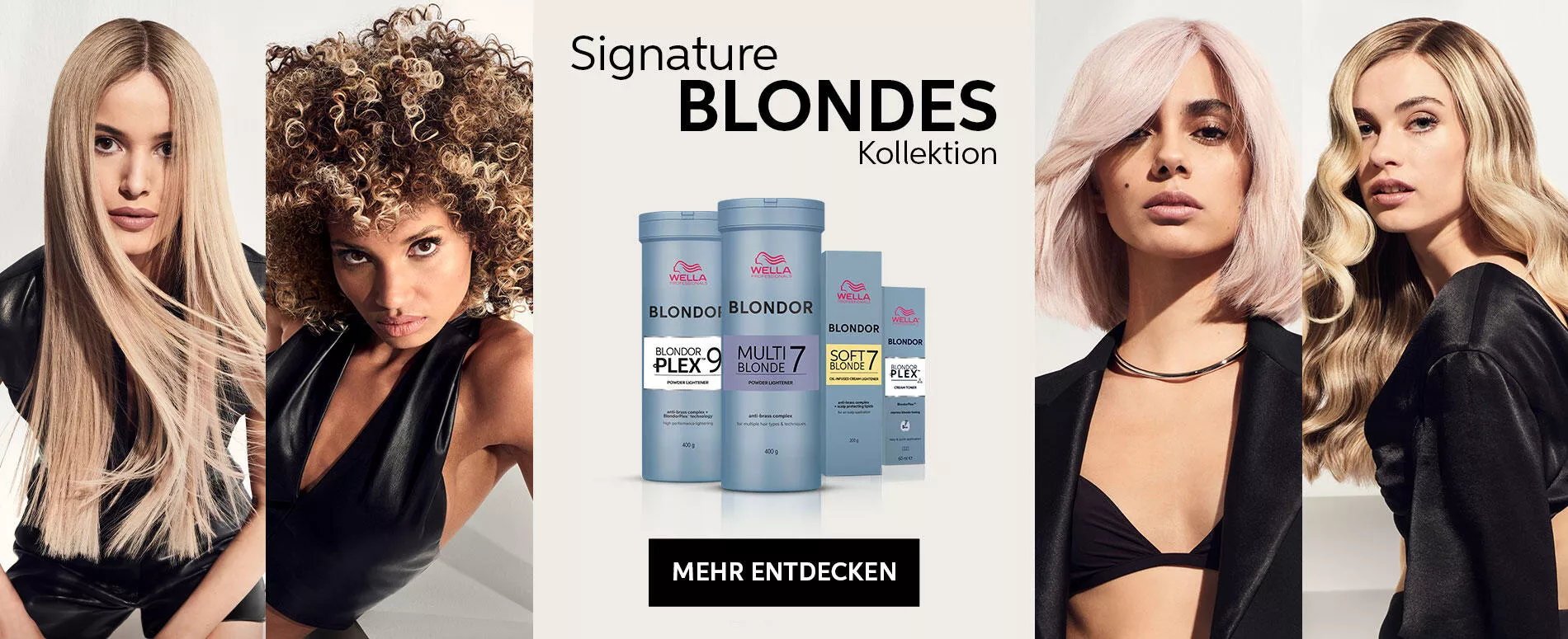 Vier Modelle in Einzelabbildungen mit der Wella Professionals Signature Blondes Blondor Range in der Mitte. Ein Modell mit langen, glatten blonden Haaren. Ein Model mit afro-lockigen blonden Haaren, ein Model mit pink-blonden, kurzen Haaren. Ein Model mit blonden Locken.