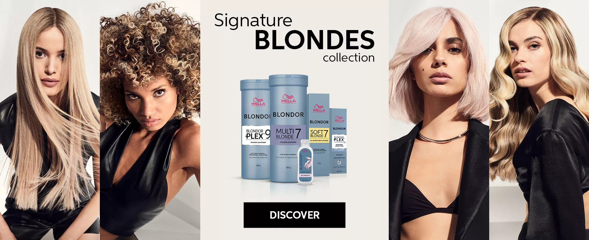 Four models in individual images with the Wella Professionals Signature Blondes Blondor range in the middle. One model with long, straight blonde hair. One model with afro  curly blonde hair, one model with pink-blonde, short hair. One model with curled blonde hair.