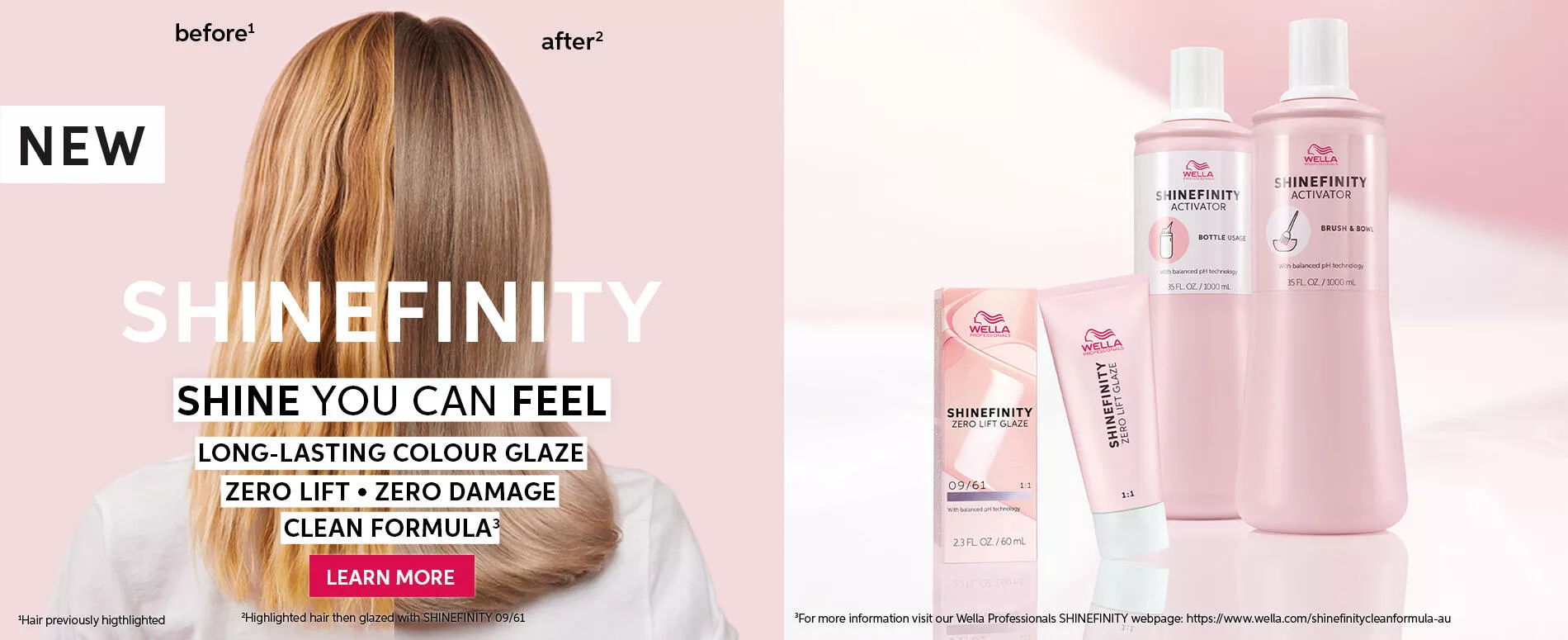 A before and after split of a woman's hair showing enhanced, shiny hair after using  Shinefinity Zero Lift Hair Glaze from Wella Professionals.  Shinefinity zero lift hair glaze products by Wella Professionals.