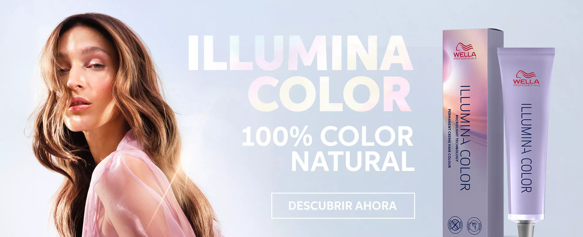 Una modelo de cabello castaño claro ondulado junto a imágenes del producto capilar 100% natural Illumina Color de Wella Professionals