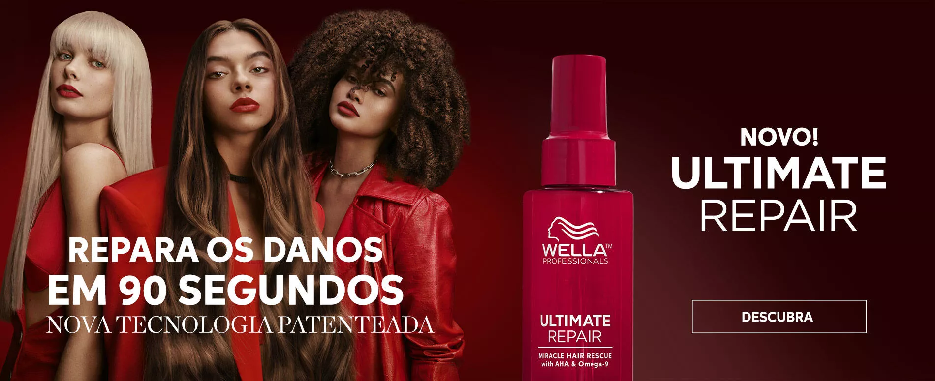 A close-up of Wella Professionals' Ultimate Repair product next to a blonde and two brunette models all dressed in red