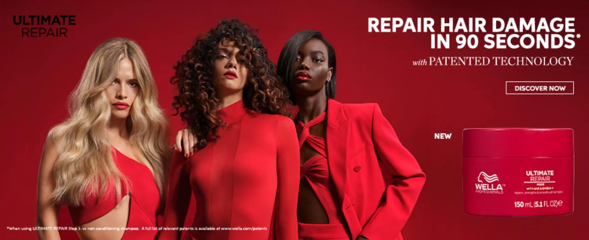 Image of 3 models wearing red beside the a red bottle of Ultimate Repair Mask for damaged hair by Wella Professionals