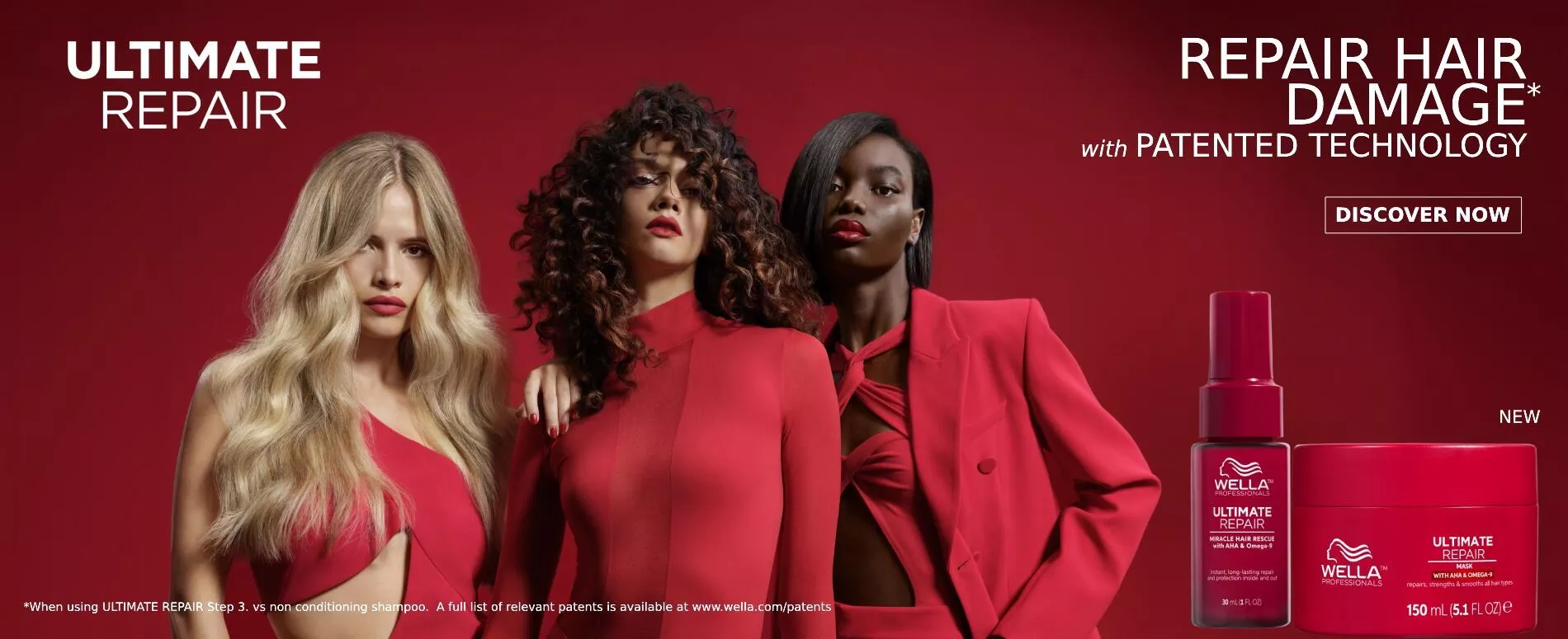 Imagen de 3 modelos vestidas de rojo junto a un bote rojo de Mascarilla Ultimate Repair para cabello dañado de Wella Professionals