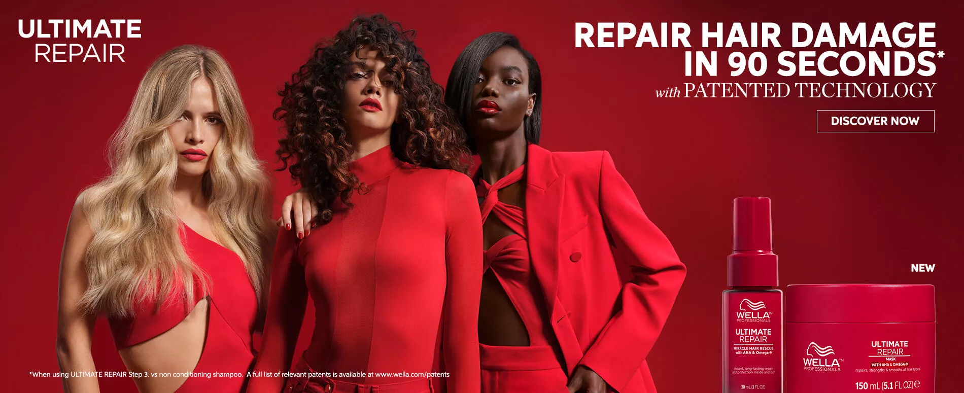 Image of 3 models wearing red beside the a red bottle of Ultimate Repair Mask for damaged hair by Wella Professionals