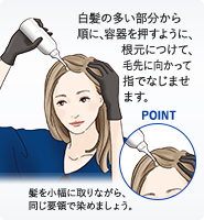 白髪の多い部分から順に、容器を押すように、根元に付けて、毛先に向かって指でなじませます。POINT：髪を小幅に取りながら、同じ要領で染めましょう。