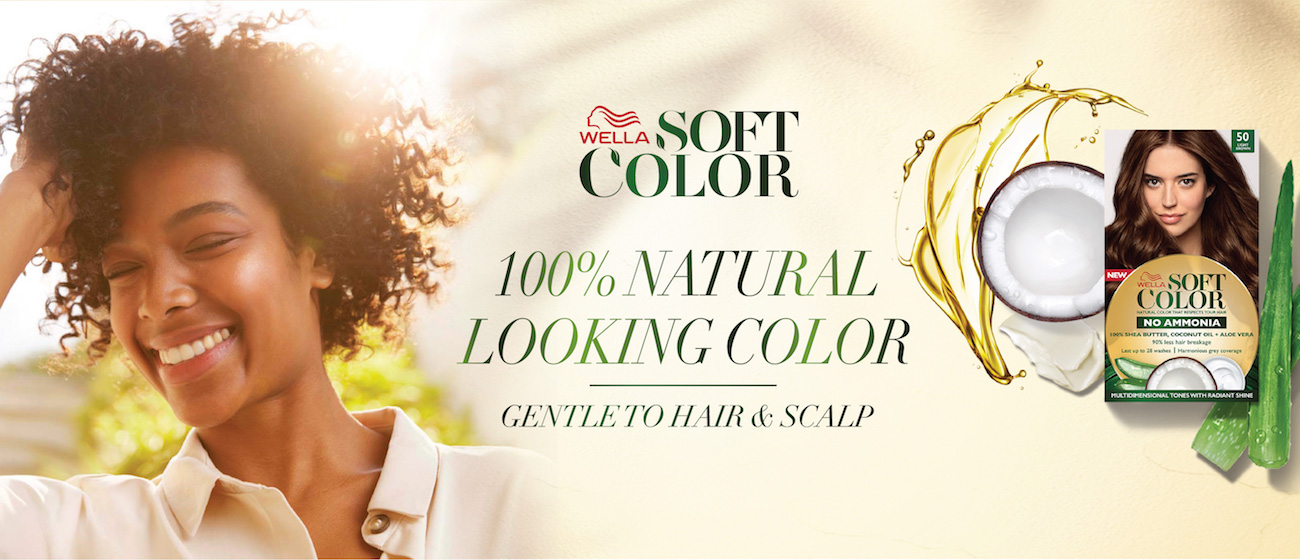 Soft Color 100% natural looking color, smiling woman with dark afro hair