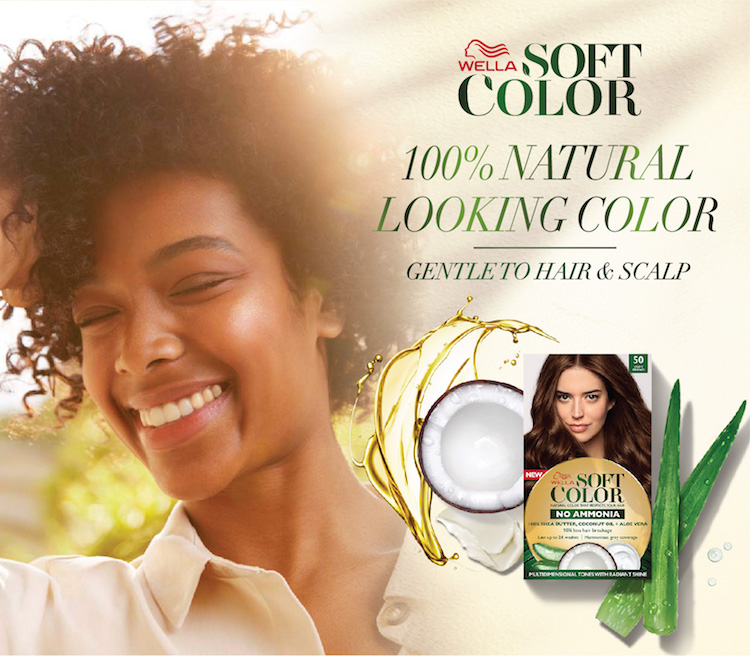 Soft Color 100% natural looking color, smiling woman with dark afro hair