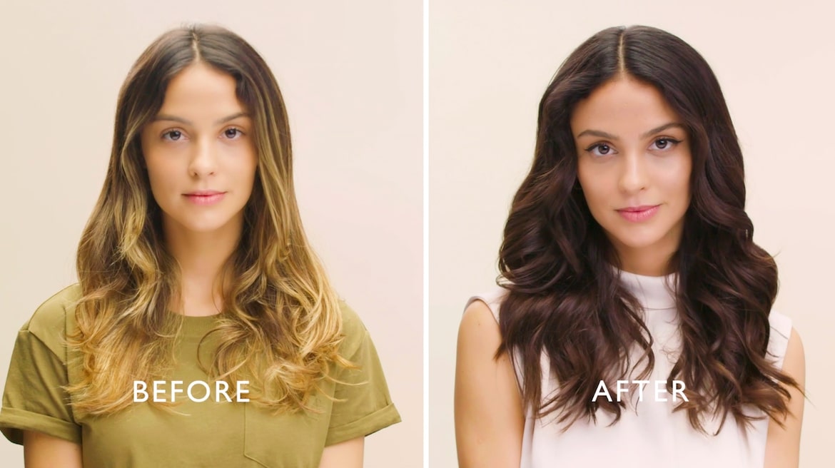 Young woman with long wavy hair before & after Wella Soft Color hair dye