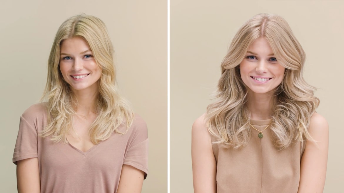 Mulher jovem loira antes e depois da aplicação de tintura Wella Soft Color