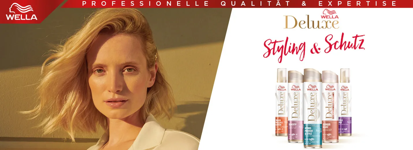 Frau mit blondem Haar. Wella Deluxe Produkte und Text: Styling & Schutz – mit 5-fach Keratin-Schutzkomplex