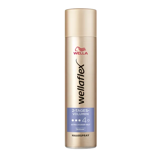 Goldene Haarspraydose von Wellaflex von der 2-Tages-Volumen Reihe, mit dem Haltegrad 4.