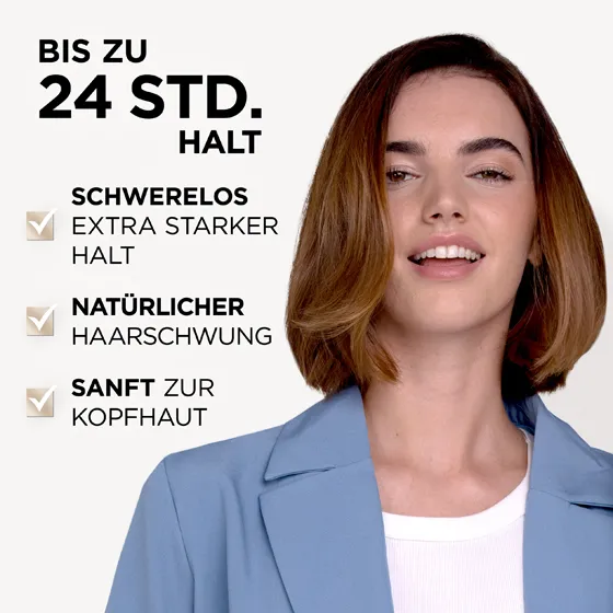 Model mit braunen Haaren. Das 2-Tages-Volumen Föhnspray von Wellaflex bietet einen Halt, der bis zu 24 Stunden anhält. Zudem bietet es flexiblen extra starken Halt, sorgt für ein natrüliches Haargefühl und ist sanft zur Kopfhaut.