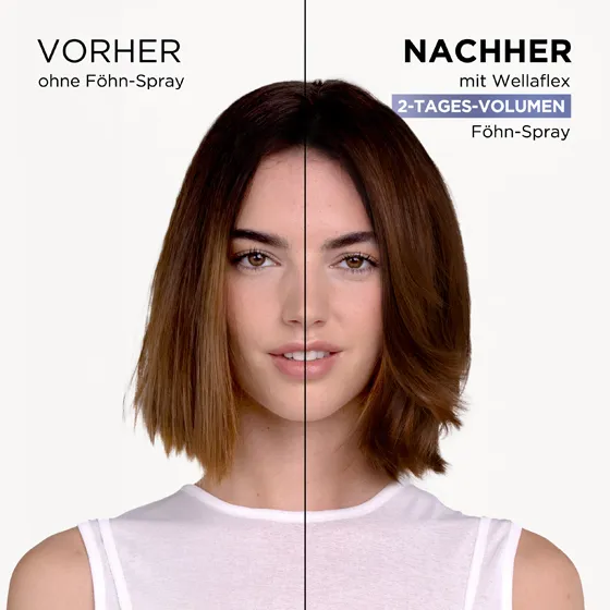 Collage aus zwei Bildhälften. Links ist ein braunhaariges ungestyltes Model. Rechts ist das selbe Model, welches seine Haare mit dem 2-Tages-Volumen Föhnspray von Wellaflex gestylt hat.