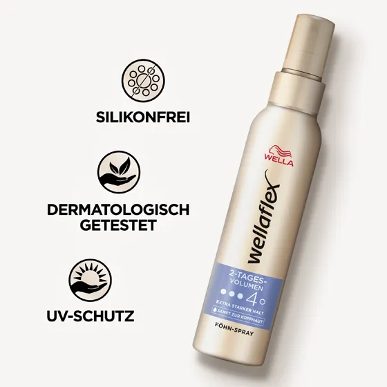 Goldene Föhnspraydose von Wellaflex von der 2-Tages-Volumen Reihe mit Produkteigenschaften. Das Föhnspray ist frei von Silikonen, dermatologisch getestet und bietet einen UV-Schutz.