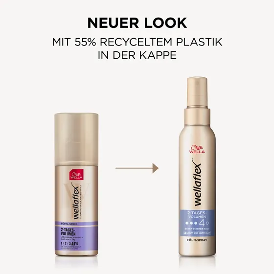 Alte Wellaflex-Föhnspray-Verpackung auf der linken Seite. Neue Wellaflex-Föhnspray-Verpackung auf der rechten Seite von der 2-Tages-Volumen Reihe.