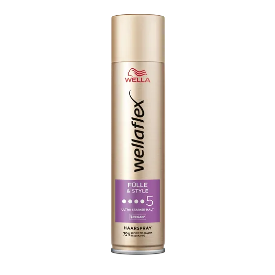 Goldene Haarspraydose von Wellaflex von der Fülle & Style Reihe, mit dem Haltegrad 5.