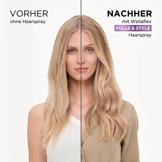 Collage aus zwei Bildhälften. Links ist ein blondhaariges ungestyltes Model. Rechts ist ein blondhaariges Model, welches seine Haare mit dem Fülle & Style Haarspray von Wellaflex gestylt hat.