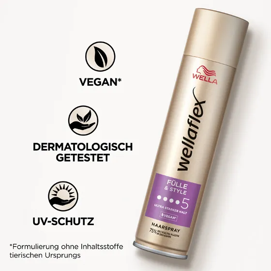 Goldene Haarspraydose von Wellaflex von der Fülle & Style Reihe mit Produkteigenschaften. Das Haarspray hat eine vegane Formel, ist dermatologisch getestet und bietet einen UV-Schutz.