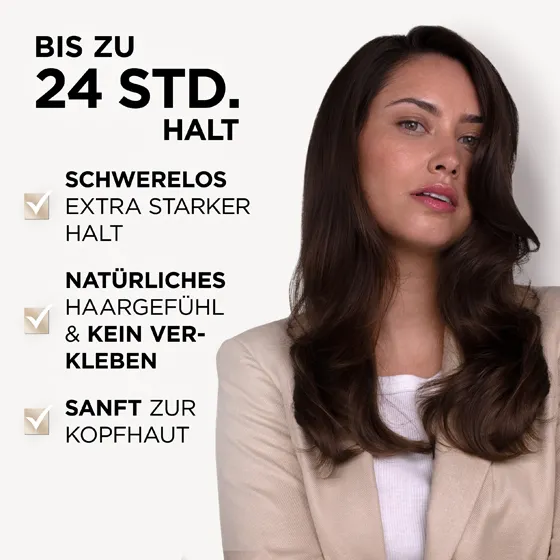 Model mit braunen Haaren. Der 2-Tages-Volumen Schaumfestiger von Wellaflex bietet einen Halt, der bis zu 24 Stunden anhält. Zudem bietet er einen extra starken Halt, sorgt für ein natürliches Haargefühl, ohne klebrige Rückstände und ist sanft zur Kopfhaut.
