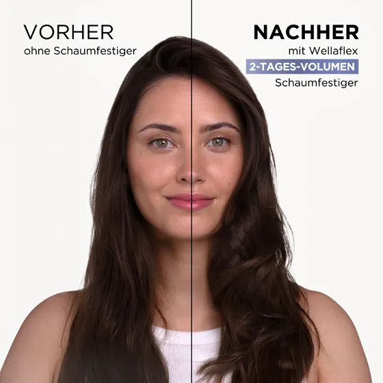Collage aus zwei Bildhälften. Links ist ein ungestyltes Model mit braunen Haaren zu sehen. Rechts ist das selbe Model, welches seine Haare mit dem 2-Tages-Volumen Schaumfestiger von Wellaflex gestylt hat.