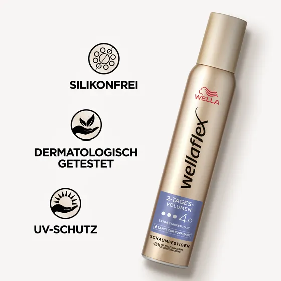 Goldene Schaumfestigerdose von Wellaflex der 2-Tages-Volumen Reihe mit Produkteigenschaften. Der Schaumfestiger ist frei von Silikonen, dermatologisch getestet und bietet einen UV-Schutz.
