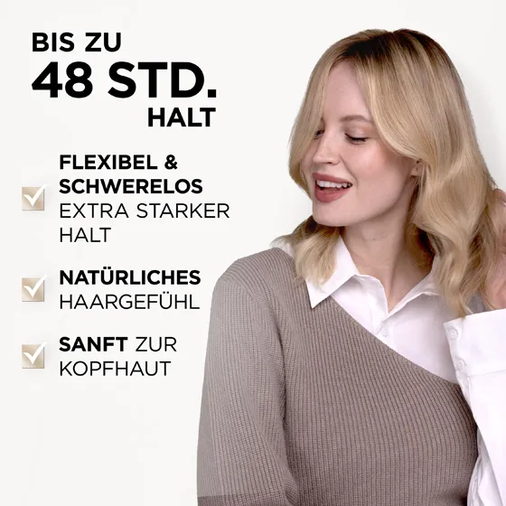Model mit blonden, langen Haaren. Das 2-Tages-Volumen Haarspray von Wellaflex bietet einen Halt, der bis zu 48 Stunden anhält. Zudem bietet es flexiblen extra starken Halt, sorgt für ein natrüliches Haargefühl und ist sanft zur Kopfhaut.