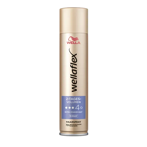 Goldene Haarspraydose von Wellaflex von der 2-Tages-Volumen Reihe, mit dem Haltegrad 4.
