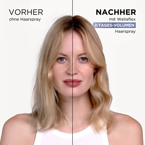 Collage aus zwei Bildhälften. Links ist ein blondhaariges ungestyltes Model. Rechts ist das selbe Model, welches seine Haare mit dem 2-Tages-Volumen Haarspray von Wellaflex gestylt hat.