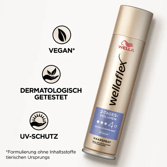 Goldene Haarspraydose von Wellaflex von der 2-Tages-Volumen Reihe mit Produkteigenschaften. Das Haarspray hat eine vegane Formel, ist dermatologisch getestet und bietet einen UV-Schutz.