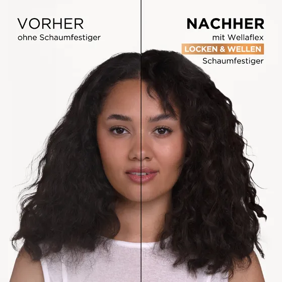 Collage aus zwei Bildhälften. Links ist ein ungestyltes Model mit schwarzen Haaren zu sehen. Rechts ist das selbe Model, welches seine Haare mit dem Locken & Wellen Schaumfestiger von Wellaflex gestylt hat.