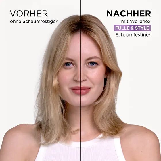 Collage aus zwei Bildhälften. Links ist ein ungestyltes Model mit blonden Haaren zu sehen. Rechts ist das selbe Model, welches seine Haare mit dem Fülle & Style Schaumfestiger von Wellaflex gestylt hat.