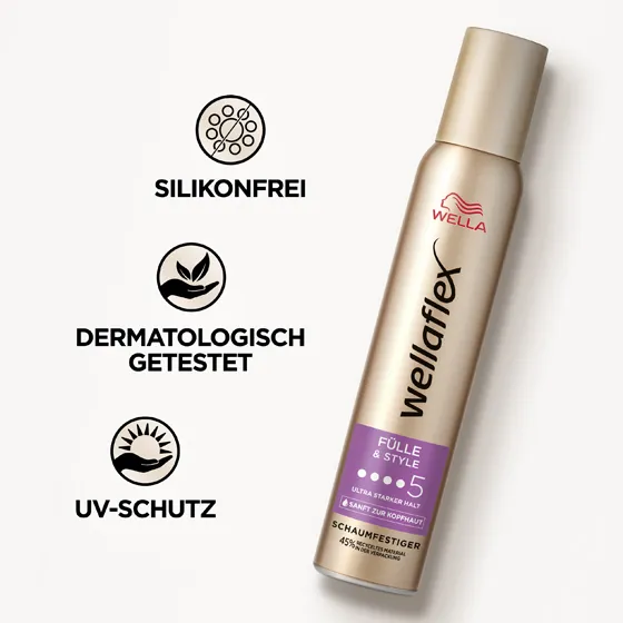 Goldene Schaumfestigerdose von Wellaflex der Fülle & Style Reihe mit Produkteigenschaften. Der Schaumfestiger ist frei von Silikonen, dermatologisch getestet und bietet einen UV-Schutz.