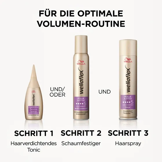 Drei Wellaflex Produkte aus der Fülle & Style Reihe. Haarverdichtendes Tonic, Schaumfestiger und Haarspray.