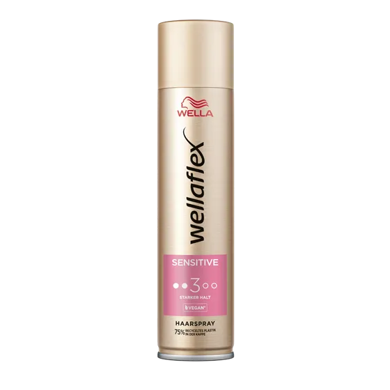 Goldene Haarspraydose von Wellaflex von der Sensitive Reihe, mit dem Haltegrad 3.