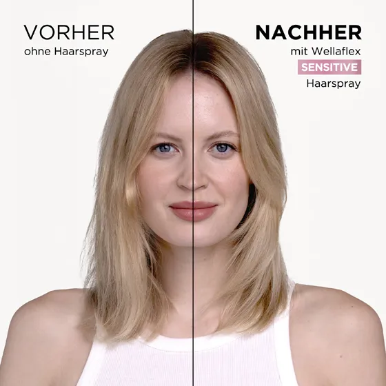 Collage aus zwei Bildhälften. Links ist ein ungestyltes Model mit blonden Haaren zu sehen. Rechts ist das selbe Model, welches seine Haare mit dem Sensitive Haarpsray von Wellaflex gestylt hat.