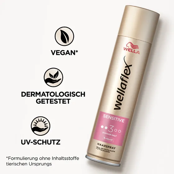 Goldene Haarspraydose von Wellaflex von der Sensitive Reihe mit Produkteigenschaften. Das Haarspray hat eine vegane Formel, ist dermatologisch getestet und bietet einen UV-Schutz.