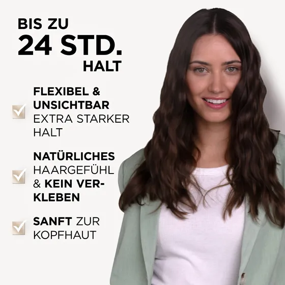 Model mit braunen Haaren. Der Invisible Hold Schaumfestiger von Wellaflex bietet einen Halt, der bis zu 24 Stunden anhält. Zudem bietet es einen flexiblen extra starken Halt, sorgt für ein natrüliches Haargefühl, ohne dein Haar zu verkleben und ist sanft zur Kopfhaut.