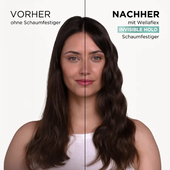 Collage aus zwei Bildhälften. Links ist ein ungestyltes Model mit braunen Haaren zu sehen. Rechts ist das selbe Model, welches seine Haare mit dem Invisible Hold Schaumfestiger von Wellaflex gestylt hat.