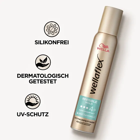 Goldene Schaumfestigerdose von Wellaflex der Invisible Hold Reihe mit Produkteigenschaften. Der Schaumfestiger ist frei von Silikonen, dermatologisch getestet und bietet einen UV-Schutz.